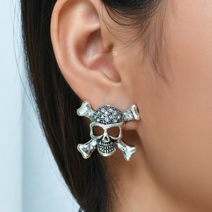 Any 3/25! Silver Crystal Pave Skull & Crossbones Stud Earrings